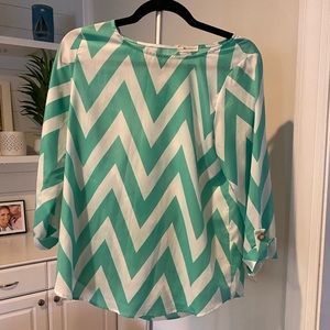 Everly Blouse Size Medium Green & White Stripe, Roll Tab Cuffs